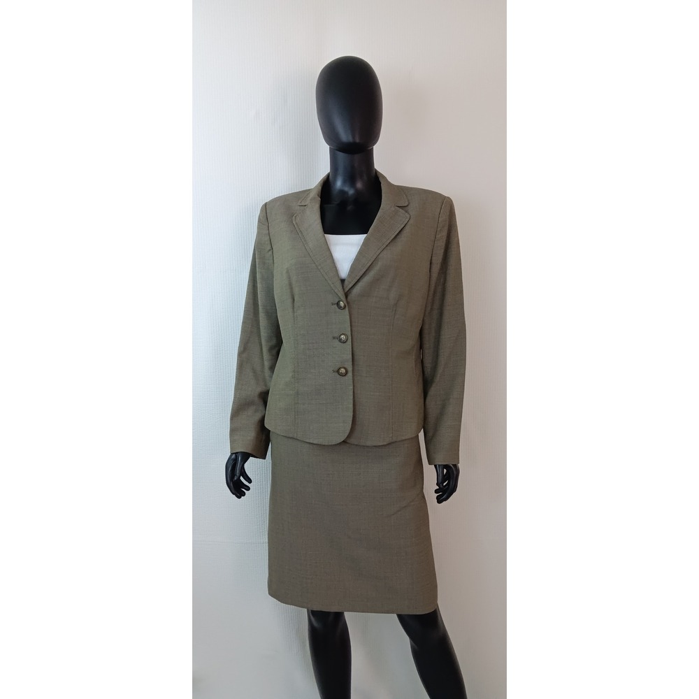 Kasper Petite Womens 2 Piece Skirt Suit Olive Green Wool Blend Size 14P Blazer